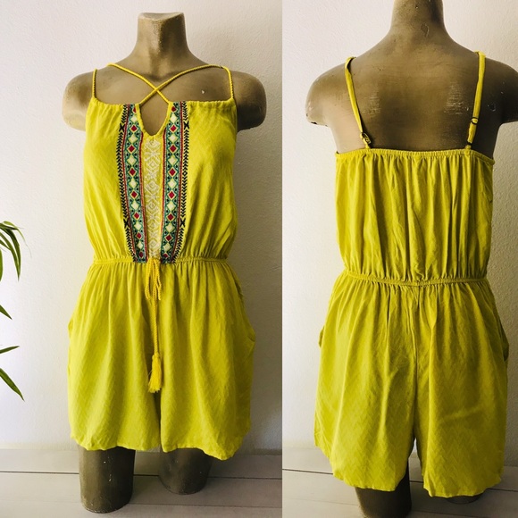 Chartreuse BOHO Embroidered ROMPER Medium - Picture 1 of 8